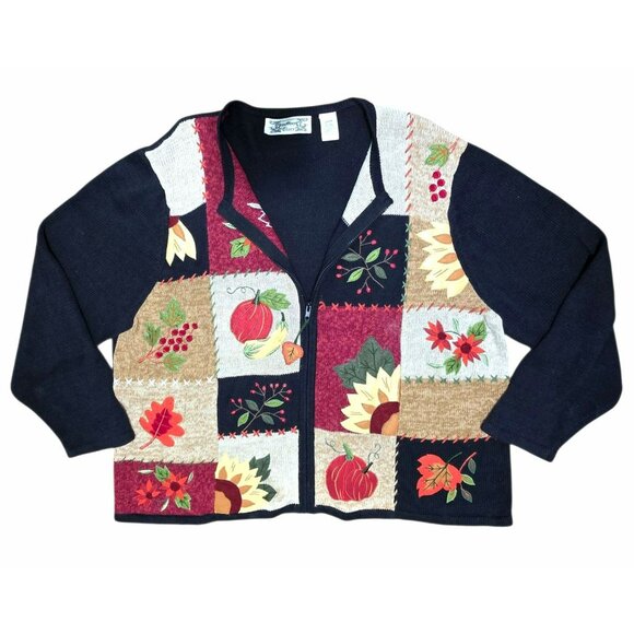 VTG Fall Patchwork Cardigan Sweater Zip Up Autumn Flowers Granny Core Plus 26/28 - Picture 5 of 10
